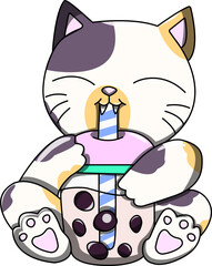 Chubby cat drinking Boba vector drawing illustration