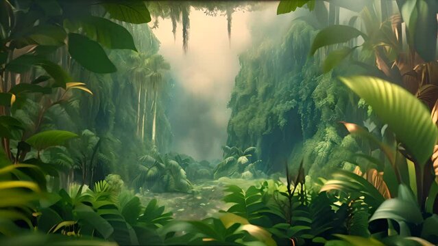 Beautiful jungle background with border made of tropical leaves. Exotic horizontal backdrop with copy space. AI generative.