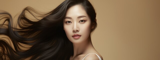 Beautiful young Asian Chinese model portrait with beautiful long hair Same and most of the text...