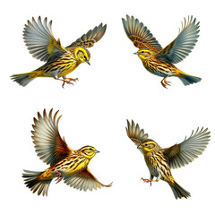 A set of Yellowhammers flying on a transparent background
