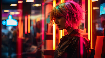 Fototapeta premium Neon haircut: flickering colors in a hairdresser