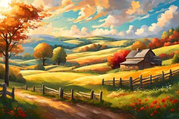 A peaceful countryside scene with rolling hills and a quaint farmhouse, the sky filled with fluffy white clouds and the vibrant colors of a sunny day.