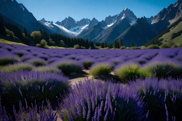 A secluded mountain valley filled with the fragrance of blooming lavender, with a backdrop of towering peaks and a clear blue sky heralding the arrival of spring.