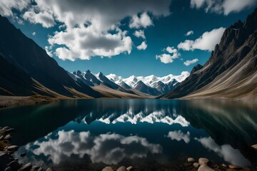A serene mountain lake nestled between rolling hills, with the clear reflection of snow-capped peaks in the calm water under the vast, cloud-studded sky.