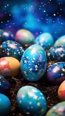 banner with copy space cosmic Easter eggs, painted in the style of space and stars on a blue starry background of the evening sky. easter concept, space, universe
