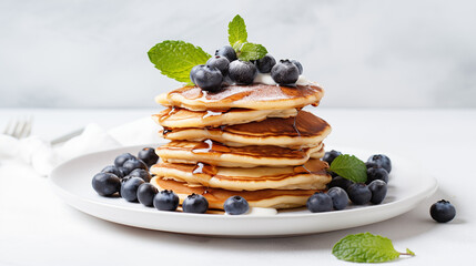 Pancake Day - Blueberry Pancakes with Maple Sirup or Honey. Blurred White Background. Happy Pancake...