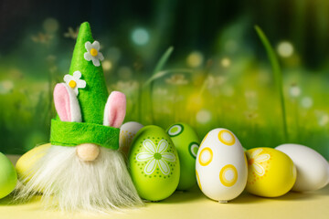 Happy Easter. Easter painted eggs and cute rabbit for your decoration in holiday. Copy space.