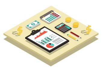 Finance and money in isometric. Vector illustration of 3D business elements