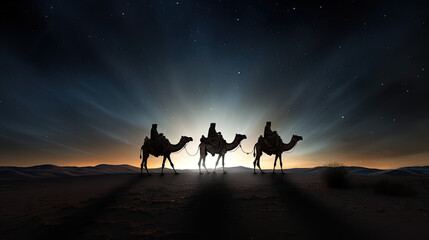 The Biblical Wise Men going to Bethlehem to see the birth of the baby Jesus of Nazareth. Generative...