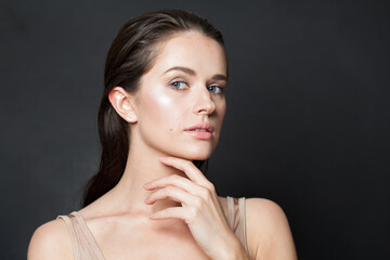 Cheerful female model with natural makeup and healthy clear fresh skin portrait. Skincare, facial treatment, cosmetology and plastic surgery concept