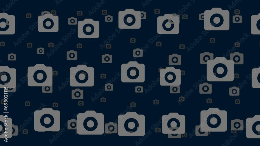 Poster photo camera symbols float horizontally from left to right. parallax fly effect. floating symbols ar