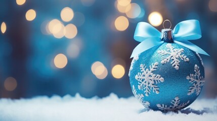 Blue Christmas ball pattern snowflakes with bow on blurred background of bokeh lights, Copy space
