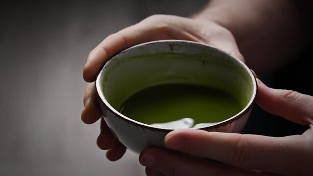 Matcha green tea powder, tea ceremony, close uo view