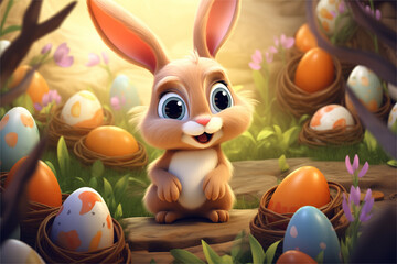 Cute cartoon bunny stands in a clearing among Easter eggs, Easter illustration, banner