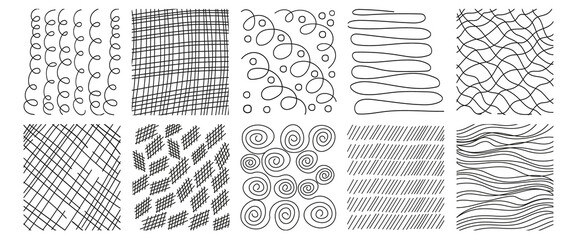 Hand drawn line textures. Includes vector scribbles,grid with irregular, horizontal and wavy strokes,doodle patterns. Isolated Ink lines on a white background. Modern Illustration set of freehand grap - obrazy, fototapety, plakaty