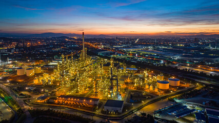 Aerial view of the morning of the oil refinery from the drone of the tower of the Petrochemistry...