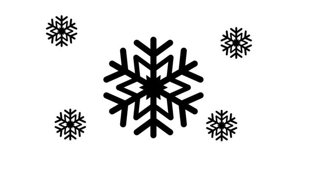 Zoom in and out animation the snowflake symbol. Large black symbol in the center and four small symbols around. Seamless looped 4k animation on white background