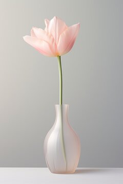 Elegant pink tulip in a slender white vase against a pastel background. The beauty of spring flowers. Modern simplicity and minimalism. Perfect for springtime poster, seasonal banner, or design