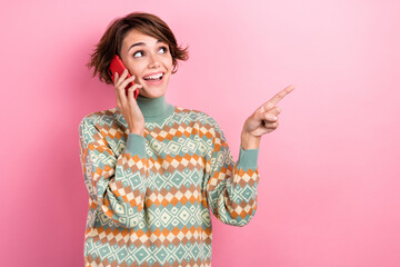 Photo of interested young woman brown hair wear turtleneck direct finger mockup call center...