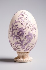 Sophisticated decorative Easter egg with purple floral motifs on a classic pedestal. Elegant ornamental design. Studio portrait. Perfect for banner, poster, or backdrop