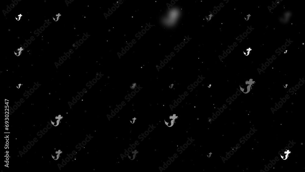 Poster template animation of evenly spaced mermaid symbols of different sizes and opacity. animation of tra