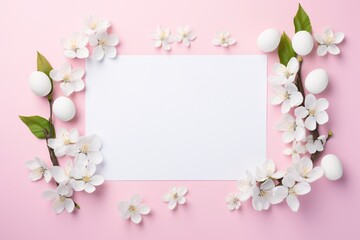 Springtime card template surrounded by white cherry blossoms and Easter eggs on a pink surface. Free space for text. Perfect for elegant greetings, invitation, or seasonal banner