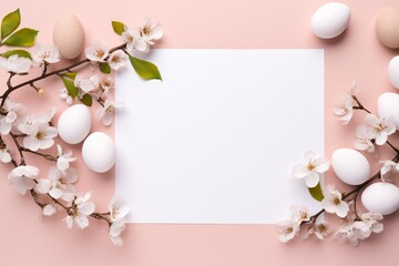 Naklejka na ściany i meble Elegant floral frame with white cherry blossoms and Easter eggs encircling a clean white card. Gentle and inviting design. Perfect for wedding invitation, banner, or poster