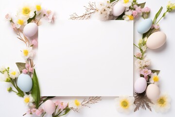 Naklejka na ściany i meble Festive Easter frame with pastel eggs and spring flowers around a blank white card. Paper sheet, free space for text. Perfect for a seasonal greeting, invitation, or banner