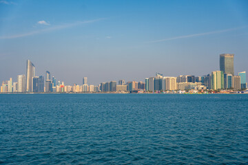 Panorama view of Abu Dhabi skyline with water, UAE