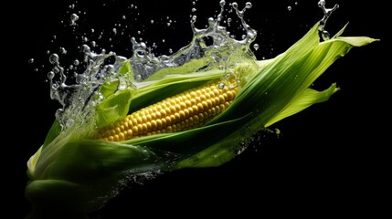 Corn in a splash of water on a black background. Premium fresh organic vegetables