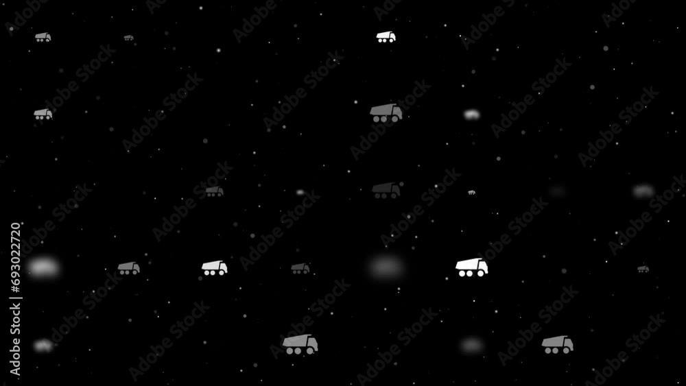 Poster template animation of evenly spaced truck symbols of different sizes and opacity. animation of trans