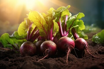 beetroots grow in the vegetable garden in sunny day - obrazy, fototapety, plakaty