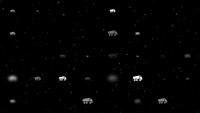 Template animation of evenly spaced truck symbols of different sizes and opacity. Animation of transparency and size. Seamless looped 4k animation on black background with stars
