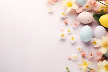 Soft pastel Easter eggs scattered amidst cherry blossoms on a pastel background. Springtime composition. Minimalist Flatlay design with free space for text. Perfect for banner, backdrop, or poster