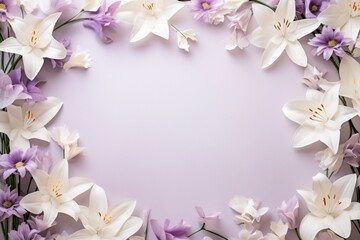 Elegant lily and lilac floral frame on a purple background. The beauty of spring. Springtime Easter and Mother’s Day celebration. Perfect for wedding invitation, card, or banner with free space for te