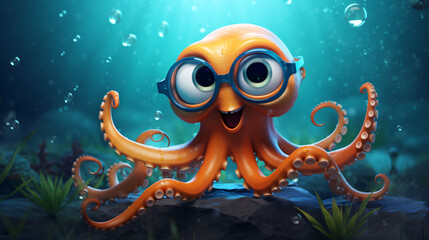 Big Eyed Cartoon Octopus with glasses. Fun and Uniquid
