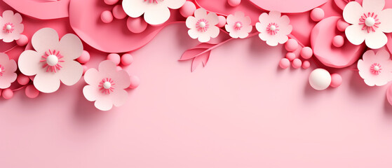 Header with flowers on light pink background. Greeting card template for mothers, womans day. Floral composition with empty space for text. - Powered by Adobe