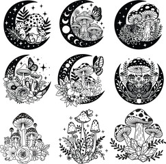 Collection of mushroom, flowers, crescent , moon phases and crystal. Magic mushroom concept. Vector illustration.