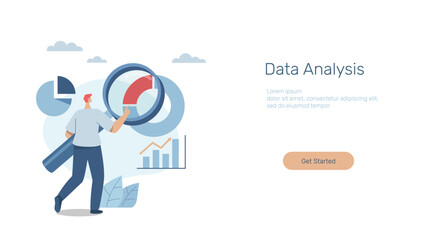 Data analysis, financial investment charts and graphs, big data and error recognition, Advertising media, banners, mobile apps, web, Businessman with magnifying glass analyzes pie chart data.