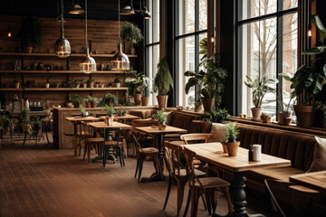 Fototapeta na wymiar Interior design of cafe with wooden vintage style, decorated with warm and cozy tones, relaxing tones with classic old wood round corner counter and coffee machinery.