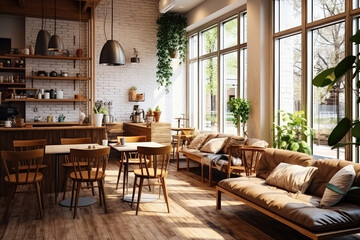 Fototapeta premium Interior design of cafe with wooden vintage style, decorated with warm and cozy tones, relaxing tones with classic old wood round corner counter and coffee machinery.