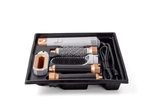 Hair straightener, hair dryer, hot comb set for wet and dry work, professional hair curling iron, hair styling tool, hair dryer. Set of hot combs close-up on a transparent background PNG.