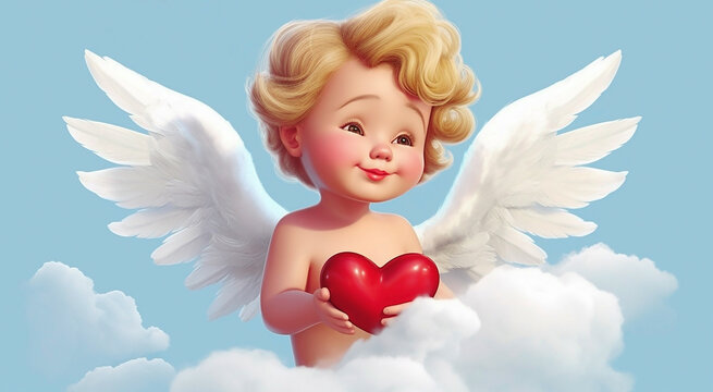 Cute blonde baby cupid with wings holding a red heart