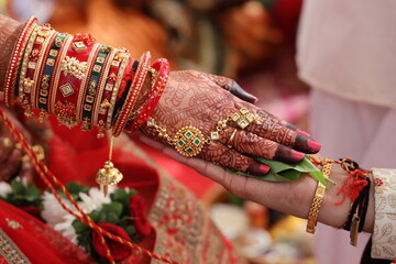 Bride Groom Indian Wedding Rituals Hindu Culture Hast Melap closeup shot, Indian Wedding Bride and...
