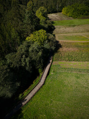 Wooden river walk route of the Anllóns River in A Laracha. wooden walk. Aerial view
