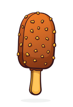 Ice cream on stick with chocolate glaze and nut. Vector illustration. Hand Drawn Cartoon illustration with outline. Design element isolated on white background