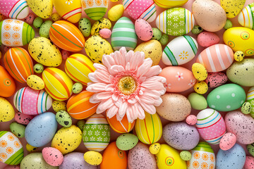 Creative layout with colorful Easter eggs and daisy flower. Minimal Easter background. Spring...