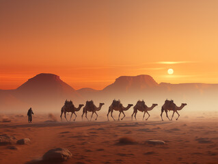 Fototapeta na wymiar A line of camels walking in the thin mist of the desert dawn