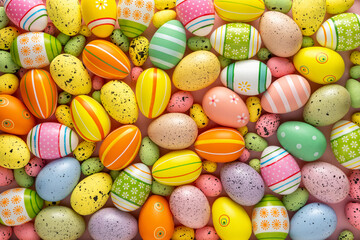 Creative layout with different colorful Easter eggs. Minimal spring holidays concept.