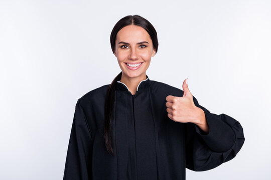 Photo of happy good mood positive smiling woman judge showing thumb-up like isolated on white color background